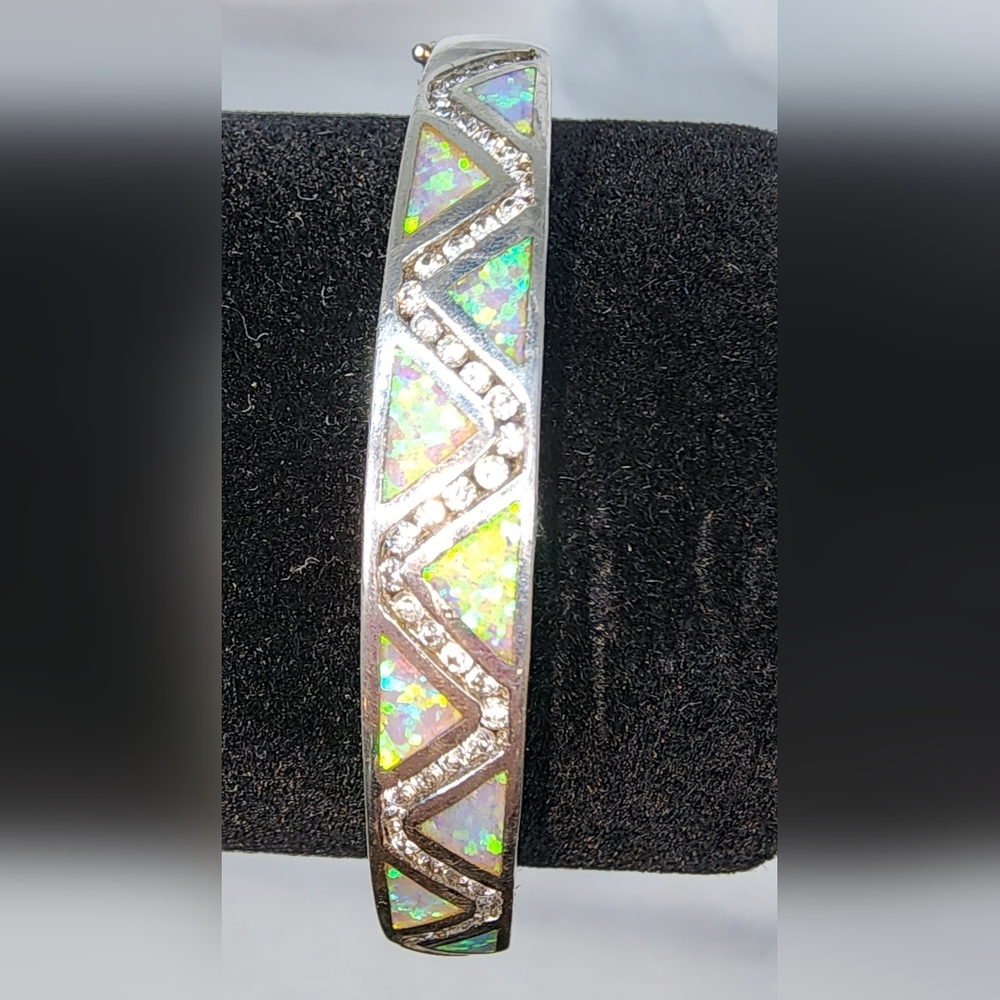 Vintage Sterling Silver Wave Of CZ & Opal Bangle Bracelet